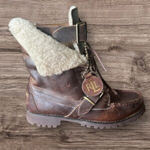 Ralph Lauren Brown Shearling-Lined Distressed Ankle Tie Boots 8